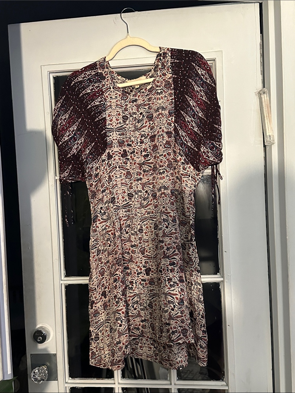 Isabel Marant Midi Dress with Burgundy Puff Sleeves and Multi Floral Print